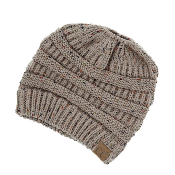 C.C. Original Taupe Confetti Messy-Bun Beanie 🧢 - Picture 3 of 5
